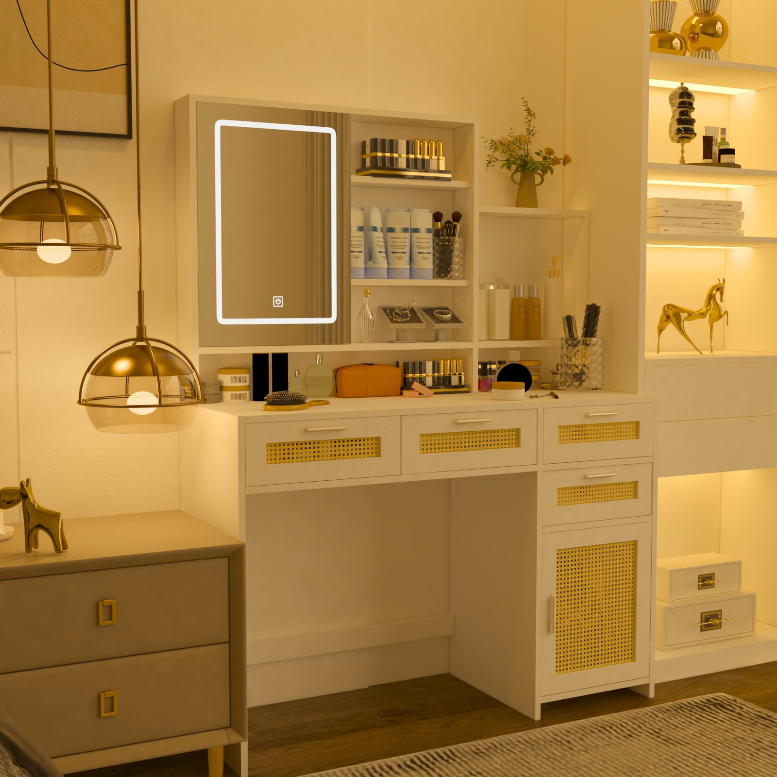 Makeup Vanity with Lights in 3 Colors & Openable Mirror, Vanity Desk with 4 Drawers & 1 Cabinets & Shelves, Vanity Table Rattan Vanity Dresser, for Bedroom, White