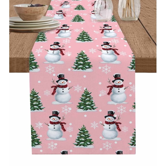 Pink Christmas Snowman Table Runner 72 Inches, Winter Snowflakes Xmas Tree Forest Bed Runner Dresser Scarves Tabletop for Indoor Outdoor Parties/Ceremony/Banquet, 13" x 72"