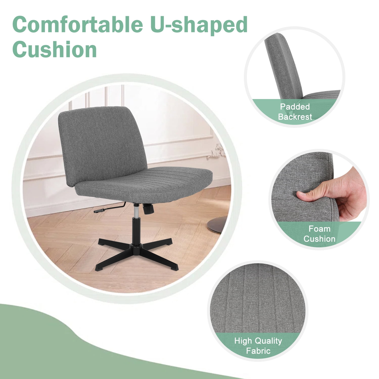 Criss Cross Chair, Armless Cross Legged Desk Chair Wide Seat Computer Task Chair Modern Height Adjustable Mid Back Chair No Wheels （Grey）