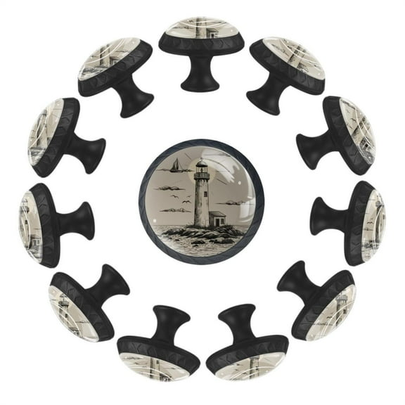 12 Pack Cupboard Knobs Crystal Clear Glass Cabinet Pulls, Round Knobs With Screws, Dresser Drawers Wardrobe Furniture Knobs Retro Ocean Lighthouse