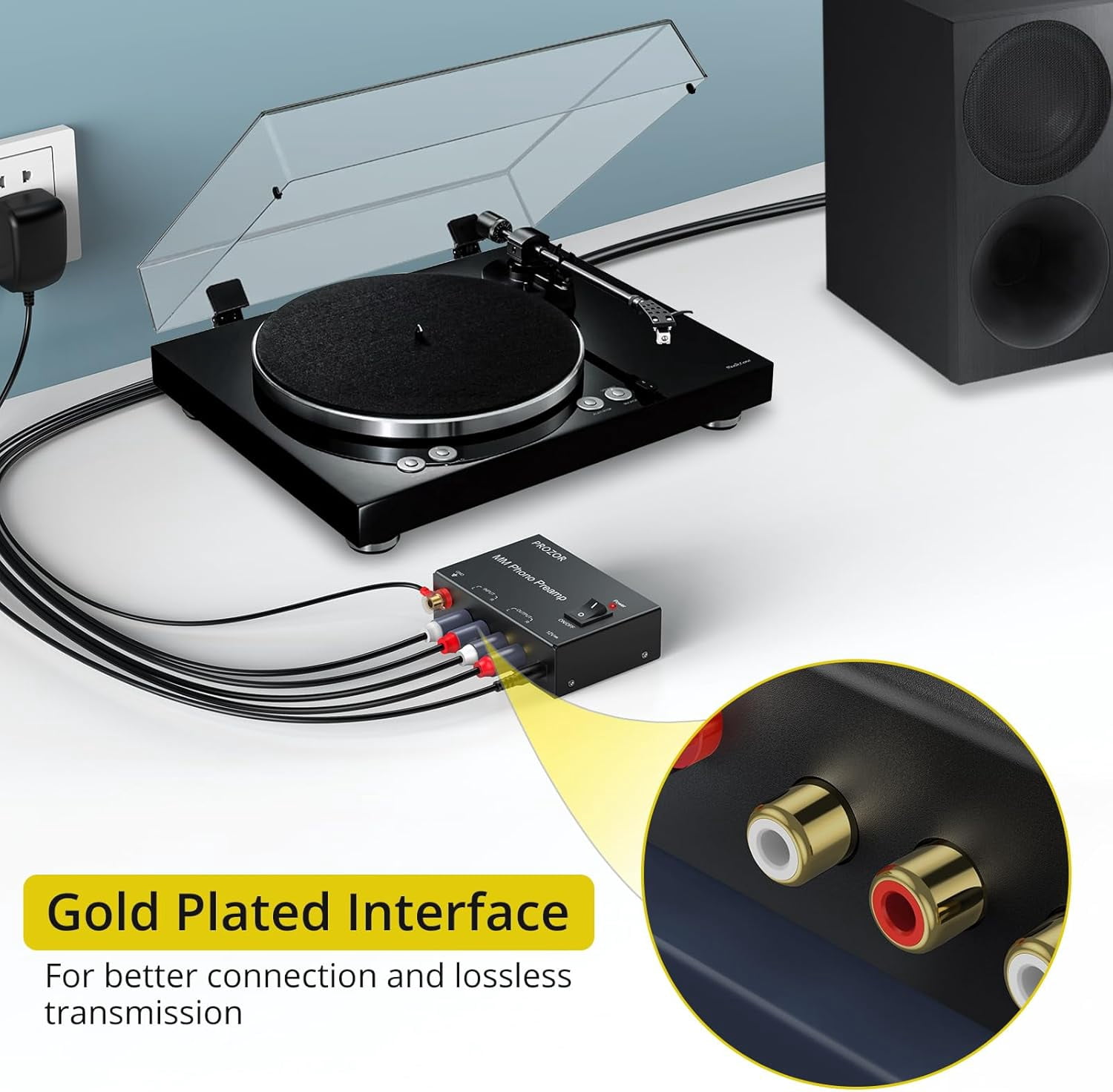 PROZOR MM Phono Turntable preamp - Mini Stereo Audio Low Noise Phono preamplifier with Power Switch, RCA Input, RCA Output, DC 12V Amp Certified Power Adapter Gold-Plated Connectors, Black