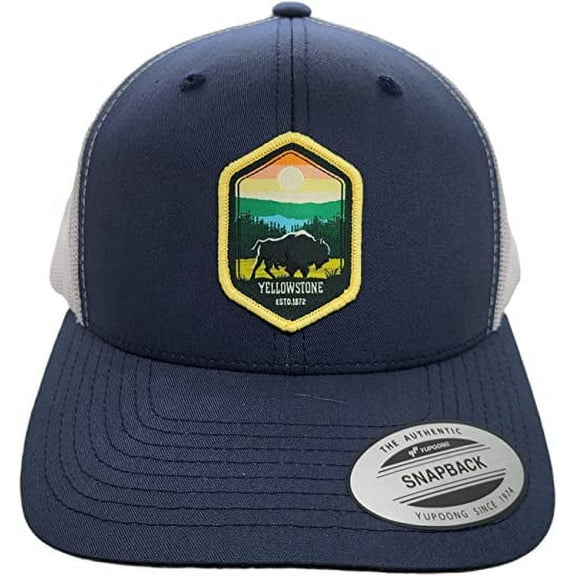 Yellowstone Trucker Hat with National Park Woven Patch (Navy/White)