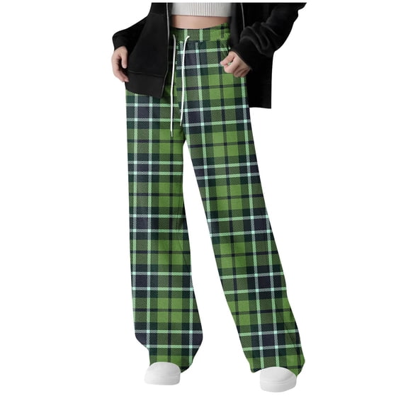 Tranfacy Girls 5-15 Years Fall Winter Pants Plaid Print Sweatpants Wide Leg Drawstring Warm Outer Wear with Pockets Casual Trousers