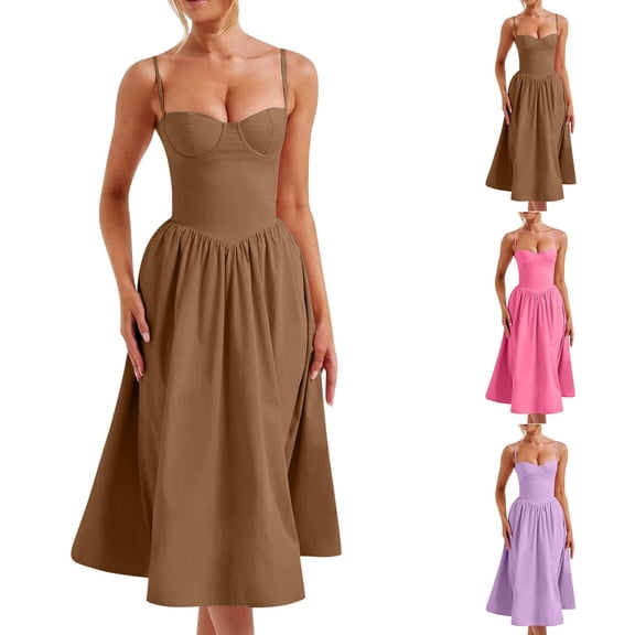 Lovzfmll Sundress for Women, V-Neck Sleeveless with Spaghetti Straps & Shirring, Relaxed Fit Maxi Dress Brown, S