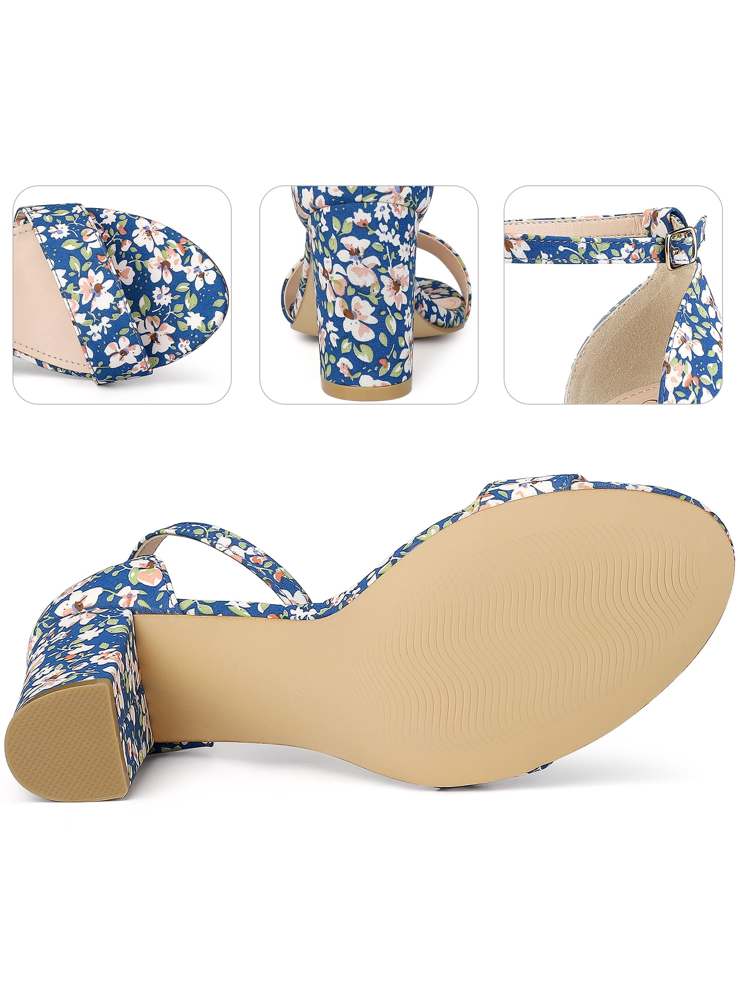 DARING DIVA Women's Floral Open Toe Ankle Strap Chunky Heel Sandals Dark Blue 9