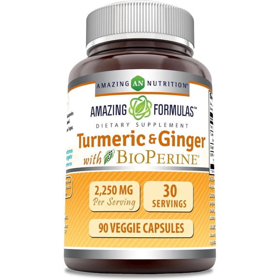 Amazing Formulas Turmeric Curcumin & Ginger with BioPerine 2250 mg Per Serving 90 Veggie Capsules Supplement | 30 Servings | Non-GMO | Gluten Free | Ideal for Vegetarians