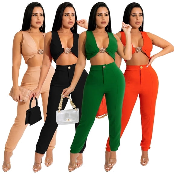 Women Fashion 2 Piece Pant Set Sleeveless Vest Crop Top And High Waist Skinny Pants Party Club Sexy Chic Outfits 2024 Streetwear