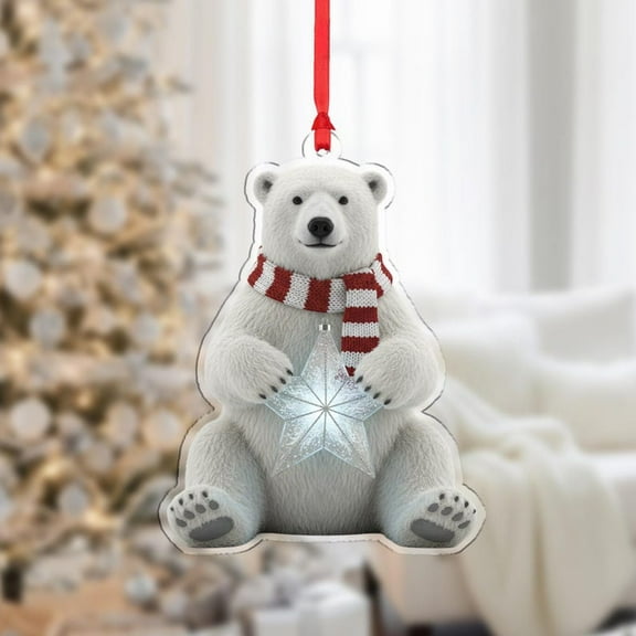 ViciArt Polar Bear Christmas Ornament, Holiday Tree Decoration, 3mm Acrylic or Wood, Snowflake & Red Scarf, Winter Decor