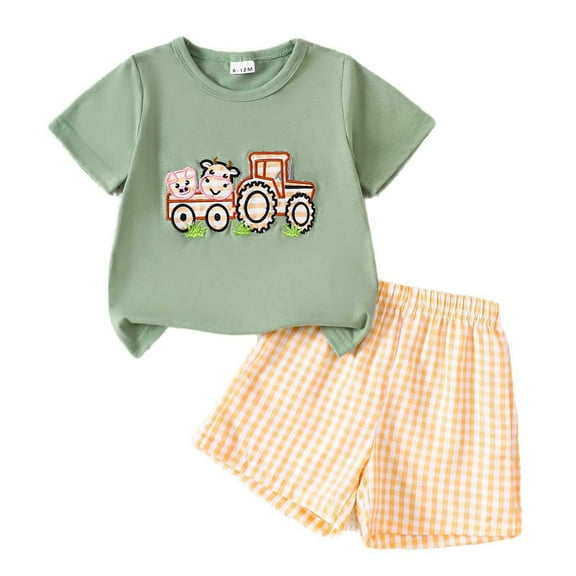 Jamsmile Toddler Boys Outfit Sets Short Sleeve Cartoon Print T Shirts Pullovers Tops Plaid Shorts Vacation Outfits Little Boys Beach Clothes