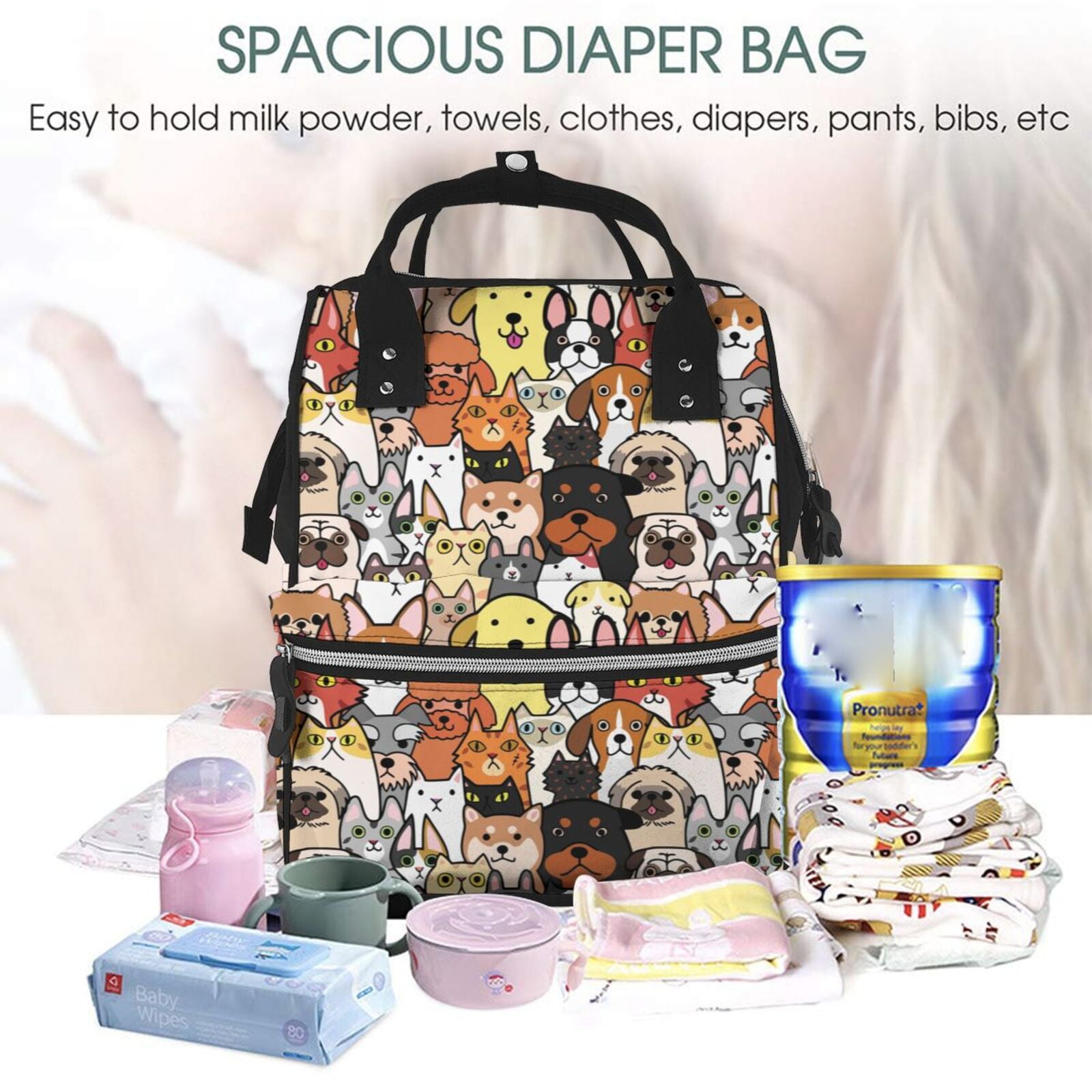 Ratiio Cats & Dogs Group Mummy Backpack - Waterproof Twill Canvas, Large Capacity Diaper Bag with Multiple Pockets and Adjustable Straps