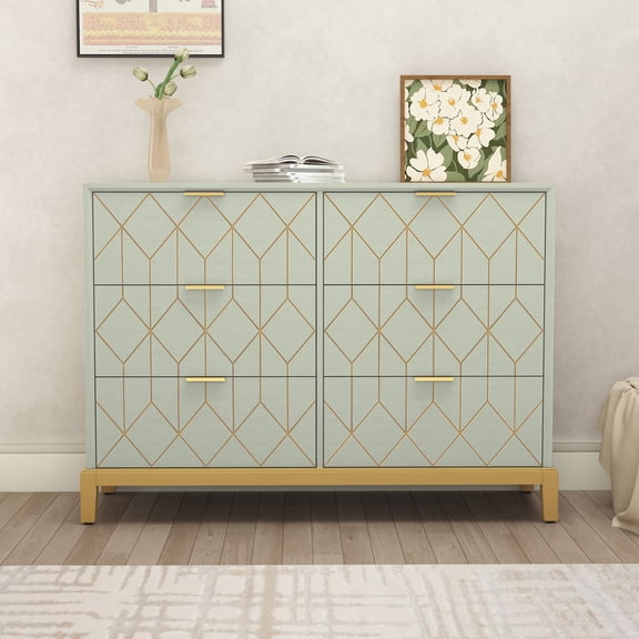 33.7"H Wooden Gold Lines Dressers Chest of drawers 3 Layers 6 Drawers for Bedroom, Entryway, Dressingroom,Green