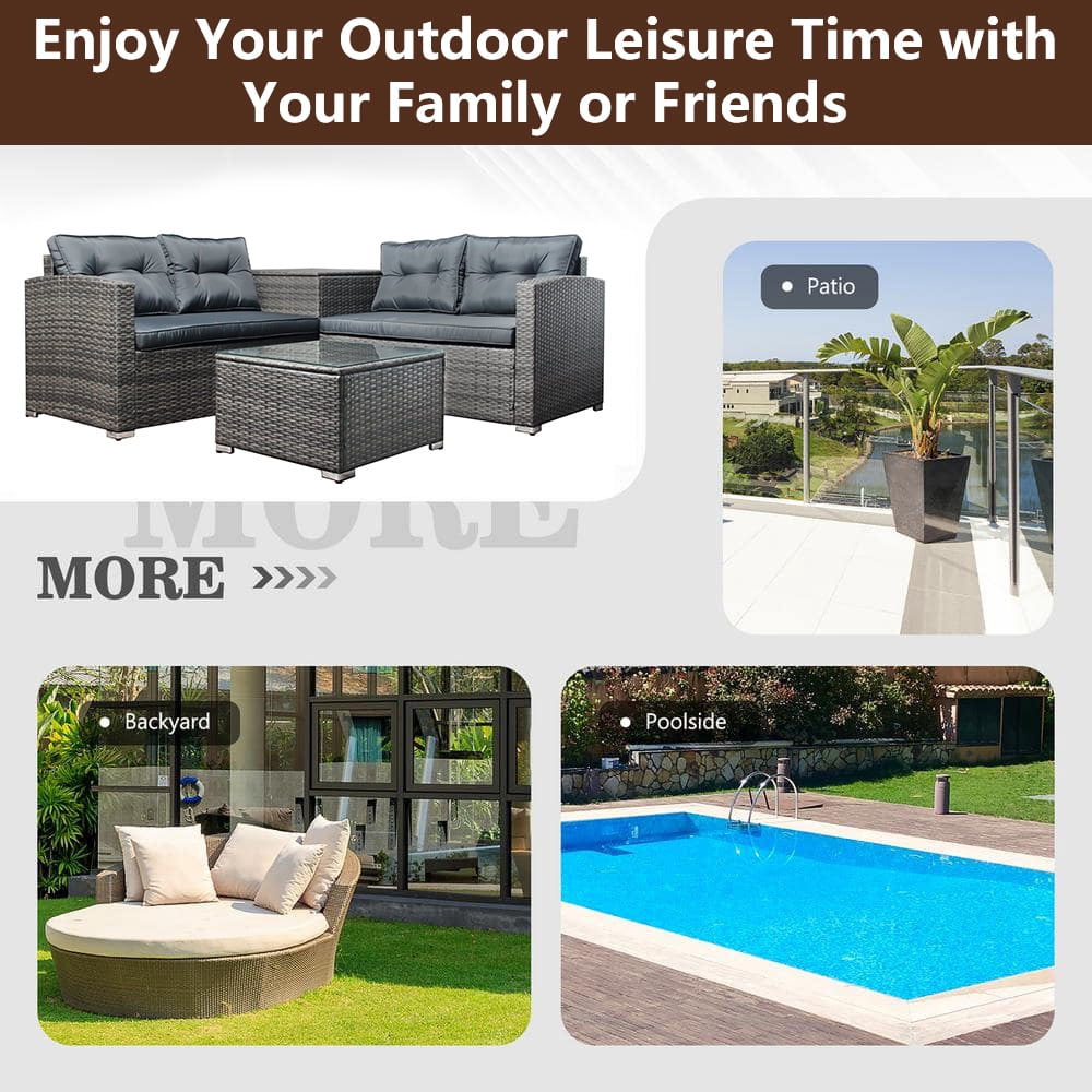Rattan Patio Sofa Set, 4 Pieces Outdoor Sectional Furniture, All-Weather PE Rattan Wicker Patio Conversation, Cushioned Sofa Set with Glass Table & Storage Box for Patio Garden Poolside Deck