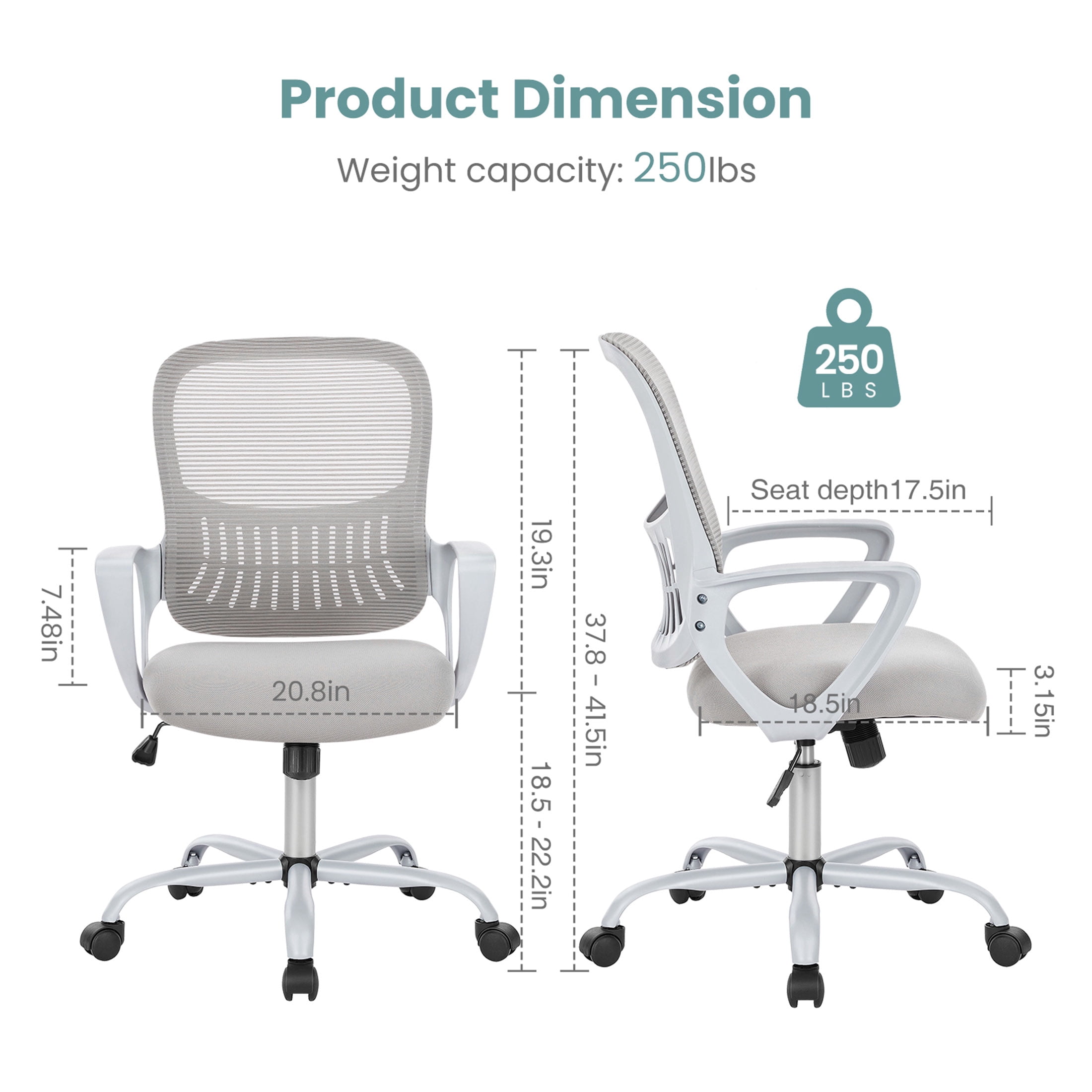 CONCETTA Ergonomic Home Office Desk Chair, Mid-Back Mesh Swivel Chairs with Wheels for Adults, Grey