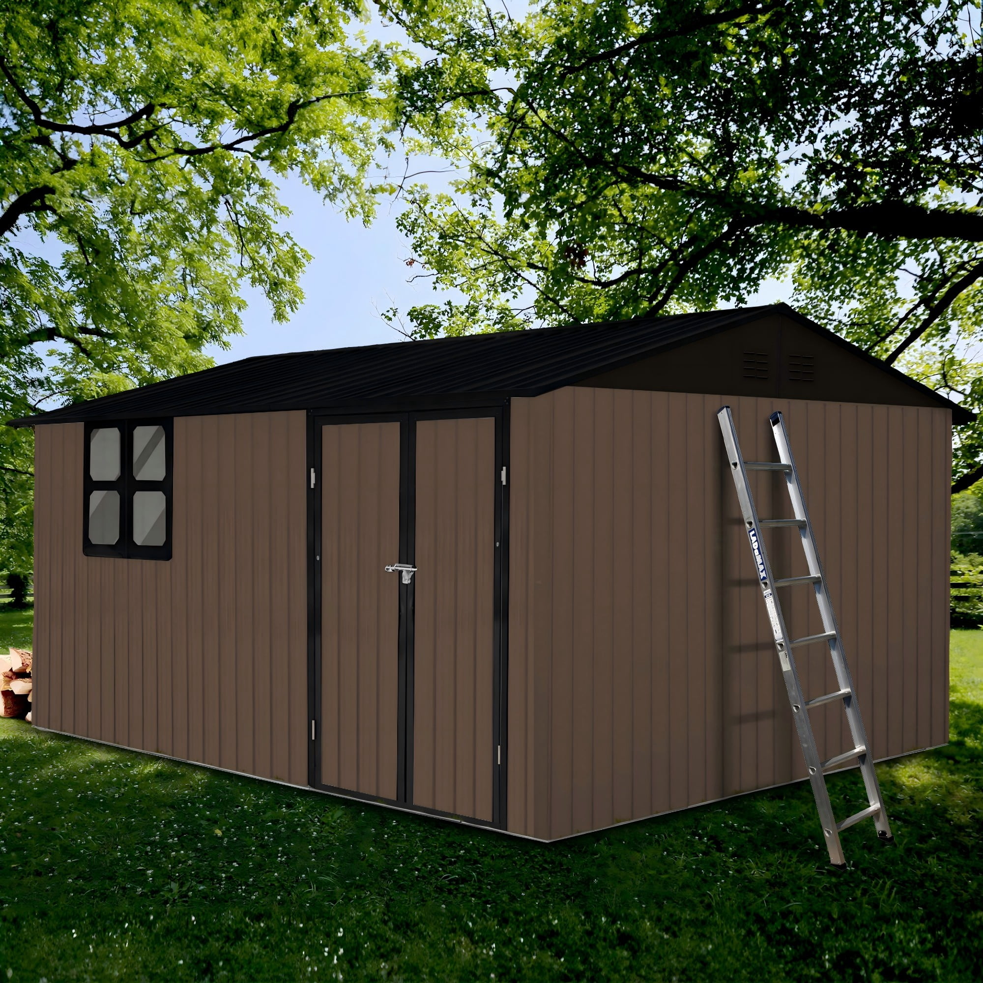 Aukfa 10 x 12FT Outdoor Storage Shed with Lockable Door, Metal Garden Tool Shed with Window & Sloped Roof for Backyard, Patio and Backyard, Brwon