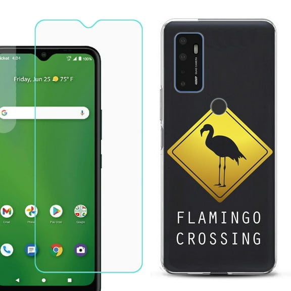 Slim-Fit Gel TPU Phone Case for Cricket Dream 5G, with Tempered Glass Screen Protector, by OneToughShield ® - Flamingo