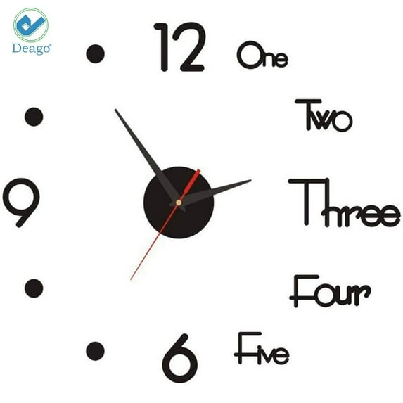 Deago DIY Wall Clock Modern 3D Wall Clock Stickers wth Mirror Numbers For Home Office Decorations Gift (Black)