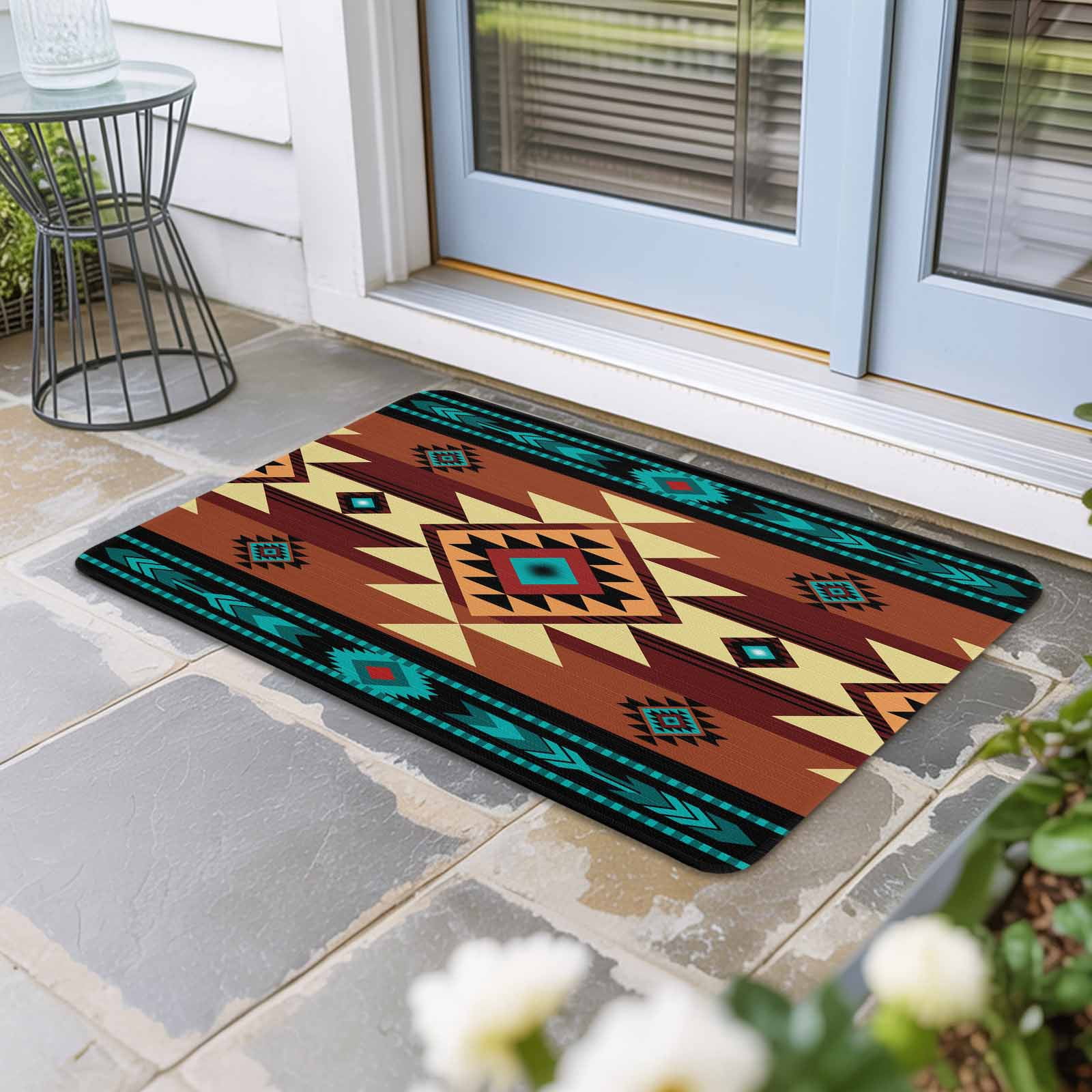 Turquoise Red Doormat Outdoor Entrance 16"x24", Southwest American Native Abstract Pattern Absorb Moisture Dirt Door Mats, Non-Slip Rubber Backing Floor Mats Indoor, Low-Profile Front Door Rugs