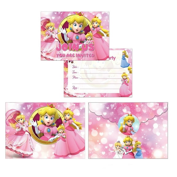 12Pcs Princess Peach Theme Birthday Party Invitation Cards for Kids,12 Stickers & 12 Envelopes.