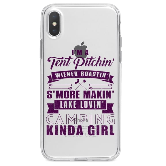 DistinctInk Clear Shockproof Hybrid Case for iPhone XR (6.1" Screen) - TPU Bumper Acrylic Back Tempered Glass Screen Protector - Tent Pitchin Weiner Roastin S'More Camping Girl