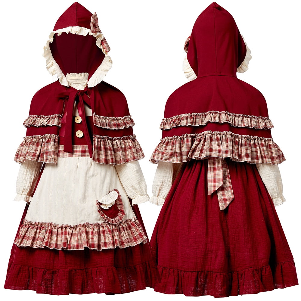 Little Red Riding Hood Costume with Hooded Cape Sweet Burgundy Plaid ...