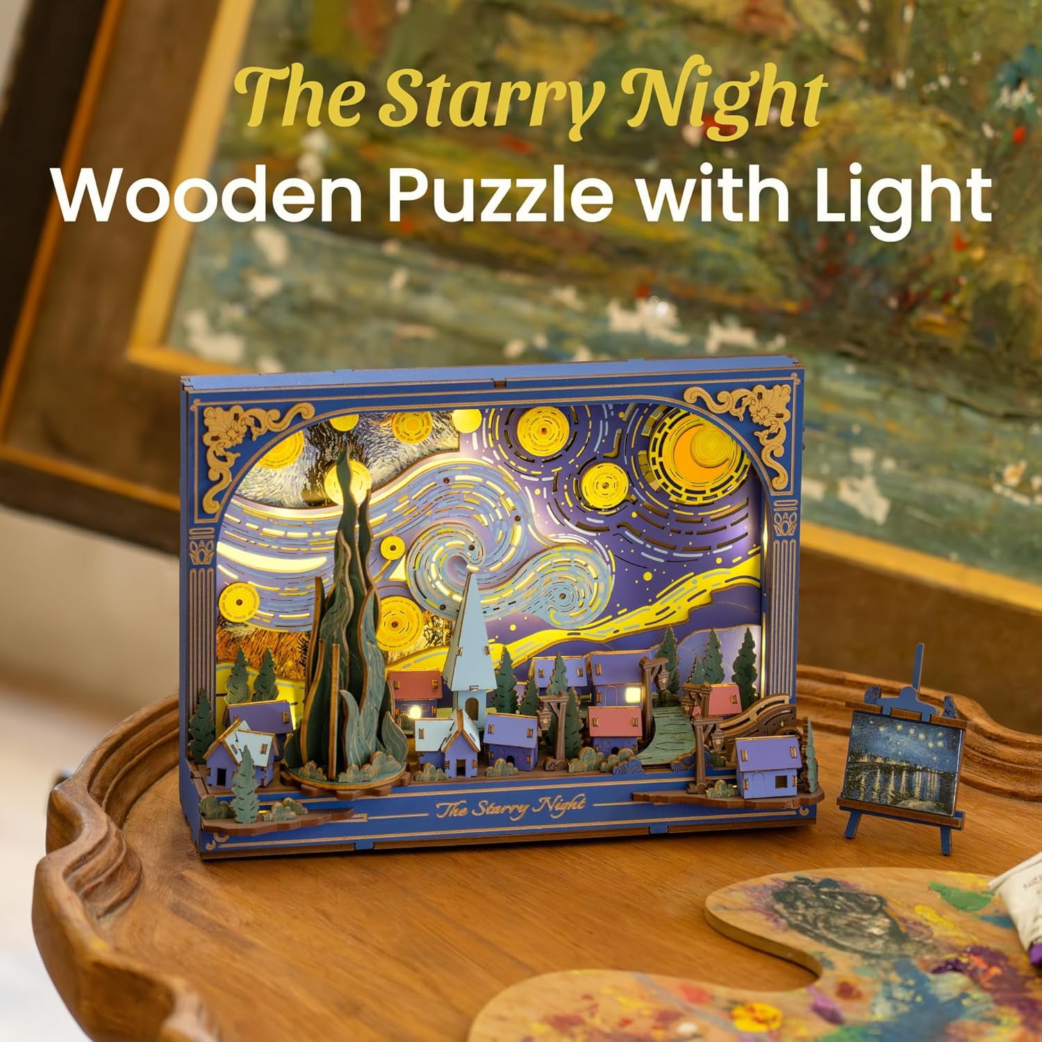 ROKR Wooden Puzzle Building Set for Adult with Lights The Starry Night , Art & Craft Kit, Wall Painting Frame Room Decor, Xmas Gift