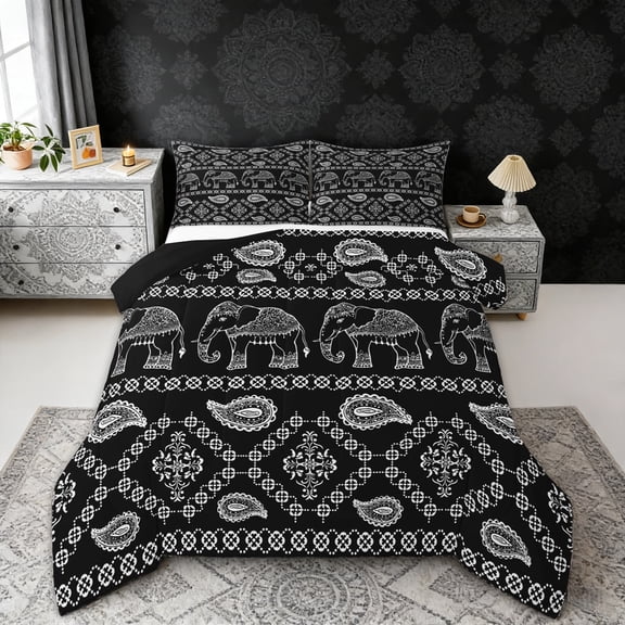Erosebridal Bohemian Black Paisley Full Size Comforter Sets, Hippie Elephant Bedding Sets, Black Reversible 3pcs, 1 Comforter and 2 Pillowcases