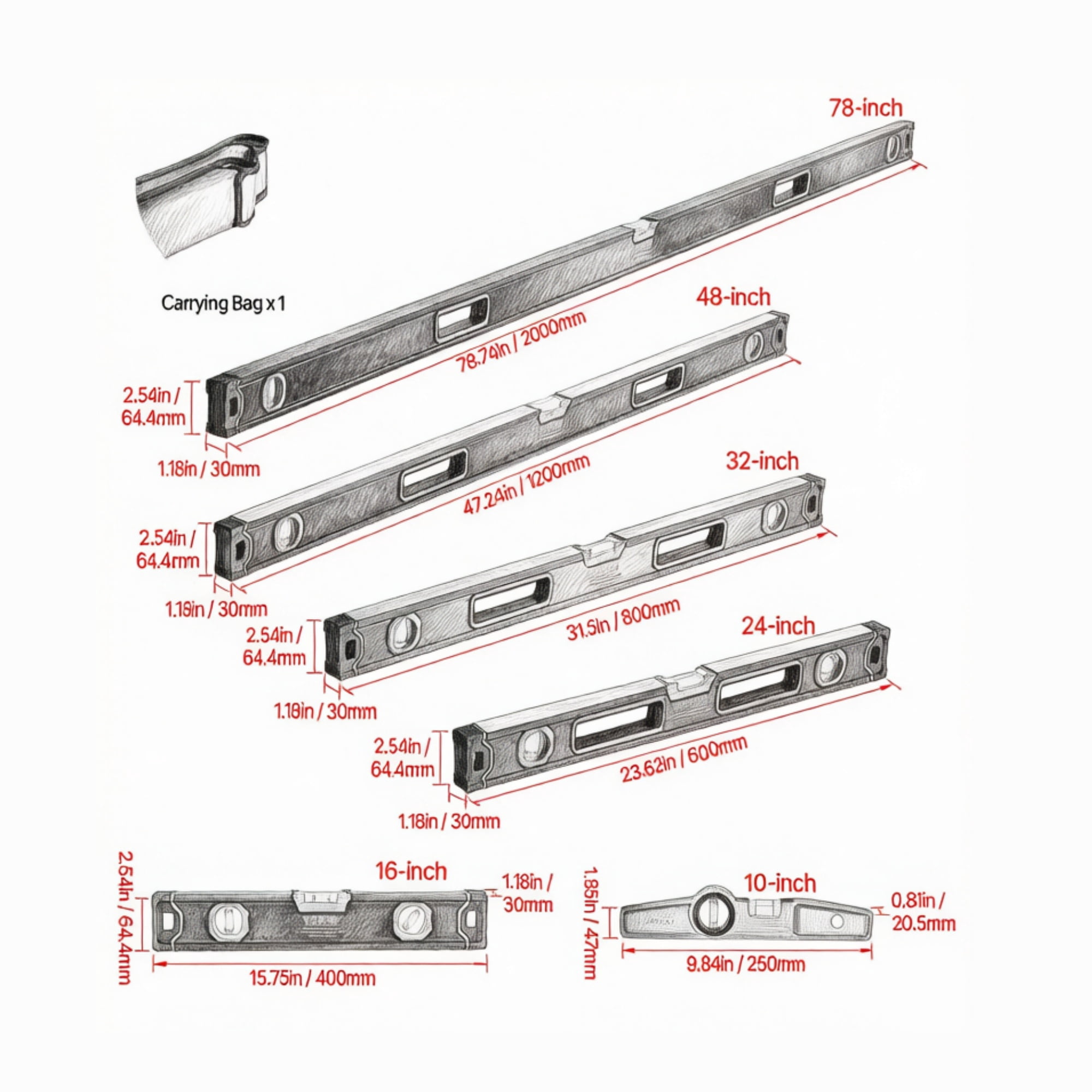6-Piece Magnetic Torpedo Level Set, 78/48/32/24/16/10 Inch Aluminum Alloy Levels with Ruler & SAE/Metric Scale