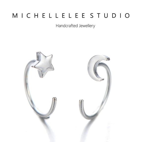 LILIANG Sterling Silver Moon and Star Huggie Hoop Earrings, Minimalist Earrings Gift for Women