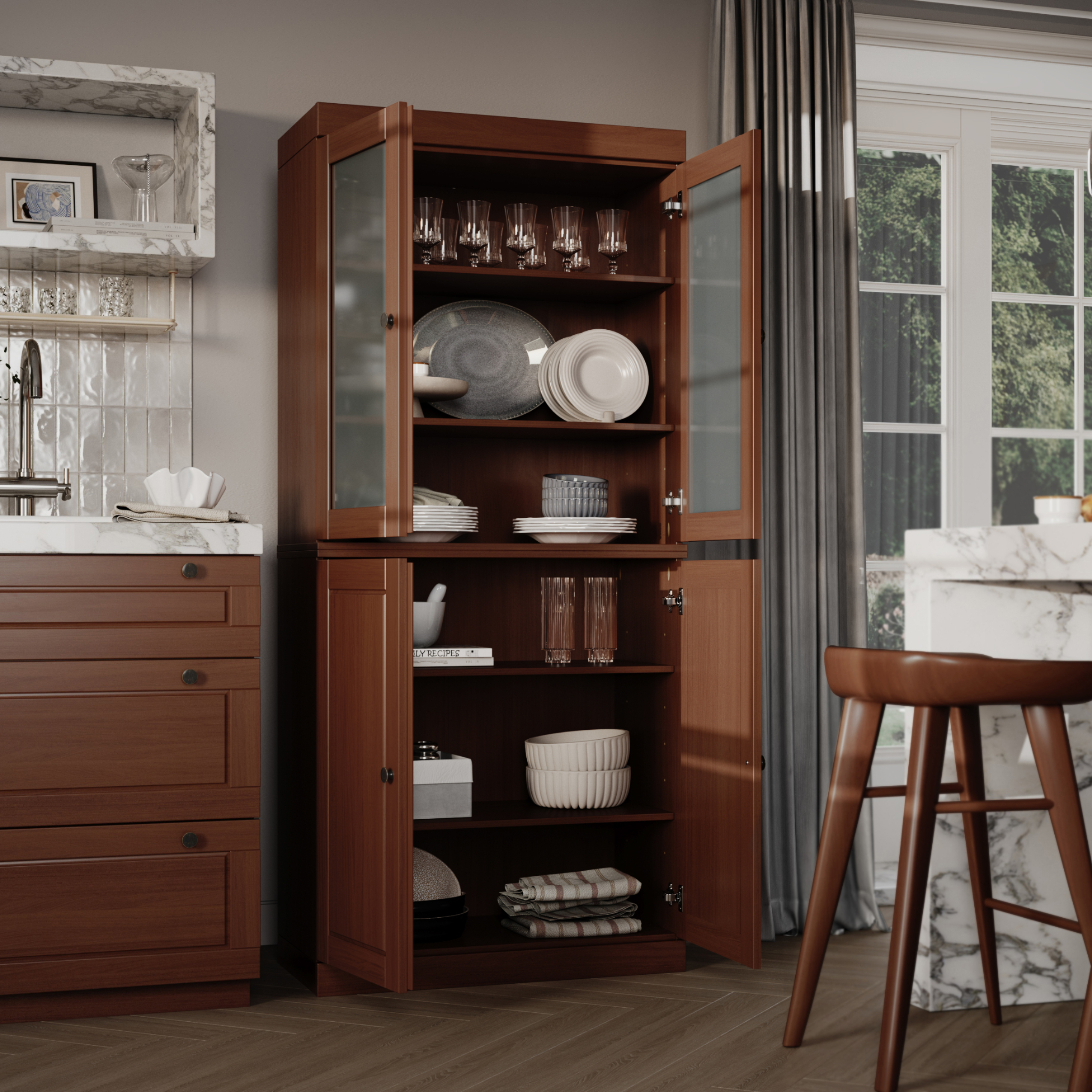 Palace Imports 100% Solid Wood 32" Pantry Cabinet with Solid, Frosted Glass Doors and Adjustable Shelves, Mocha