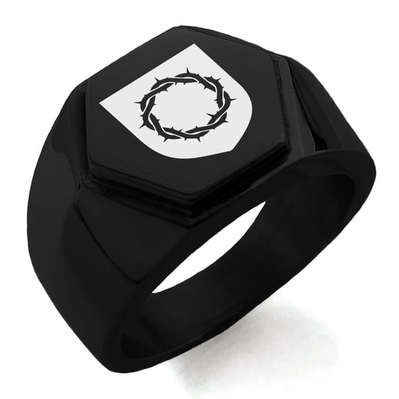 Stainless Steel Crown of Thorns Adversity Coat of Arms Shield Engraved Hexagon Crest Flat Top Biker Style Polished Ring