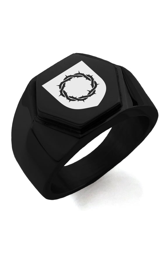 Stainless Steel Crown of Thorns Adversity Coat of Arms Shield Engraved Hexagon Crest Flat Top Biker Style Polished Ring
