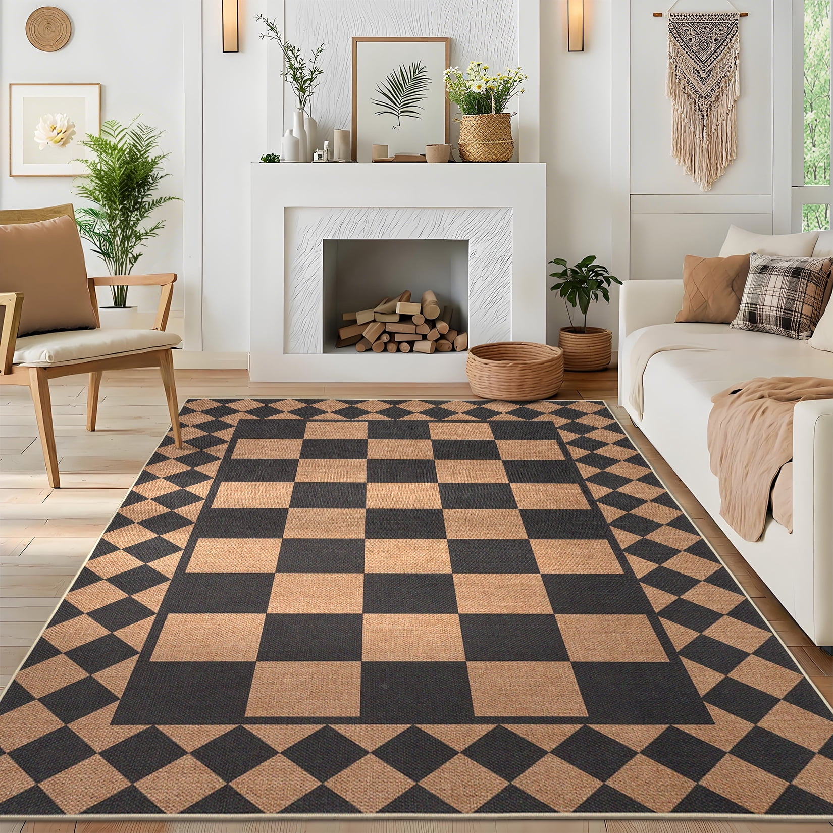 Hasoo Easy Jute Area Rug 9x12 Washable Rug for Living Room Bedroom Checkered Indoor Outdoor Geometric Carpet for Backyard, Black/Brown