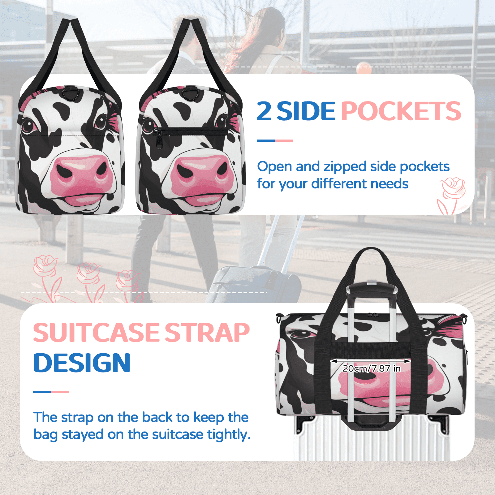 Herdesigns Cow Travel Duffle Bag Sports Yoga Weekender Overnight Carry on Workout Bags Lightweight Waterproof Gym Tote Bag for Women Funny