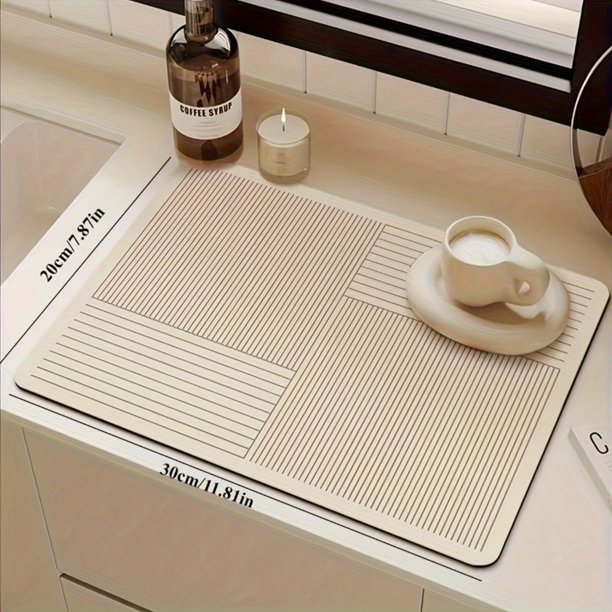 Alfombra de secado antiarañazos con diseño geométrico moderno, color blanco elegante con costuras marrones, adecuada for encimeras de cocina y estufas
