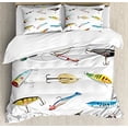 thumbnail image 3 of Ambesonne Fishing Duvet Cover Set, Several Fish Hook Equipment Objects Trolling Angling Netting Gathering Activity, Decorative 3 Piece Bedding Set with 2 Pillow Shams, Queen Size, White Gray, 3 of 3