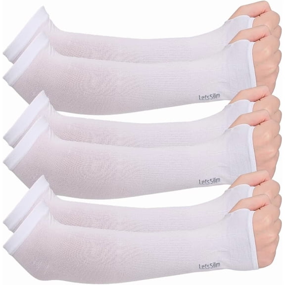 3 Pairs White Sun Protection Sleeves Tattoo Cover Up UV Compression Golf Cooling Summer Sunscreen Long Arm Sleeve with Thumb Hole for Men Women Sports Baseball Workouts Outdoors Gardening
