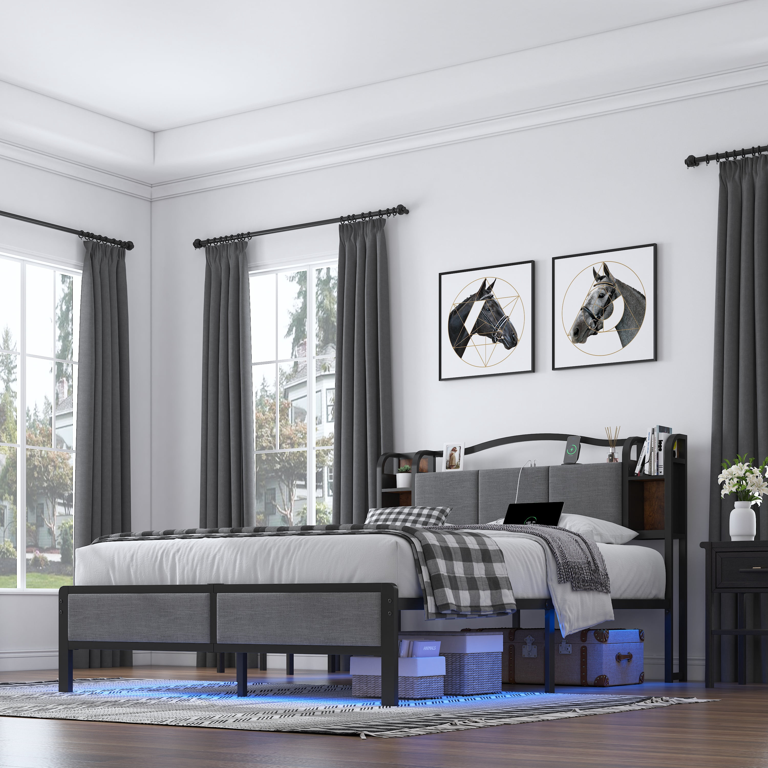 QUEEN 14In Bed Frame with RGB Lights Fabric Upholstered Headboard USB Socket