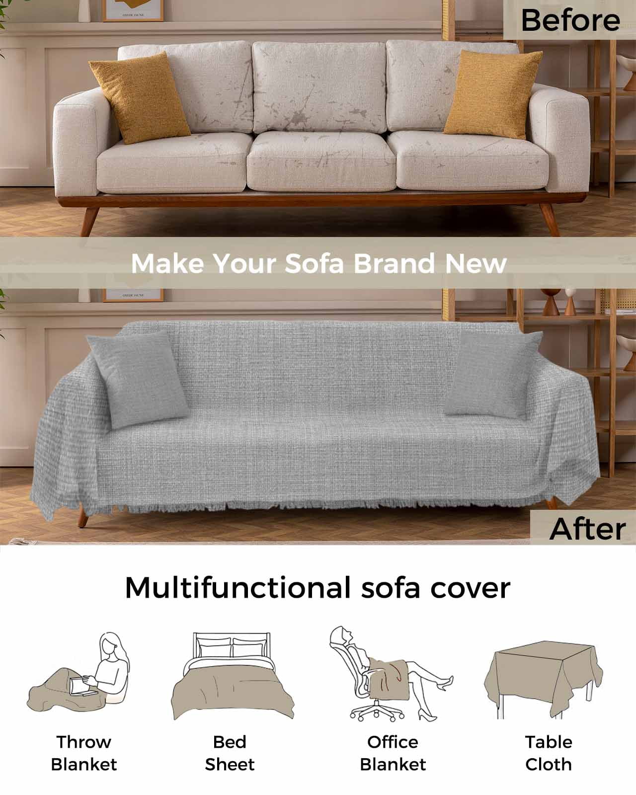 Grey Burlap Texture Sofa Covers for 2-3 Cushion Couch L-Shaped Sectional, Farmhouse Vintage Gray Washable Sofa Covers Slipcover for Living Room Furniture, Couch Cover Blanket 71"x134"