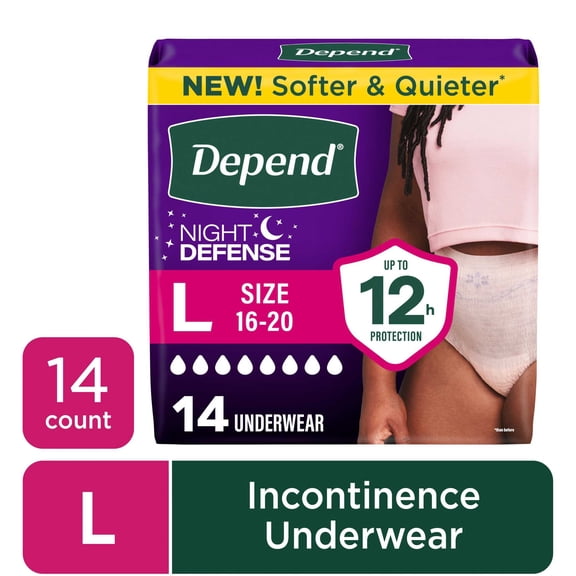 Depend Night Defense Adult Incontinence Underwear for Women, Overnight, Large, Light Pink, 14 Count
