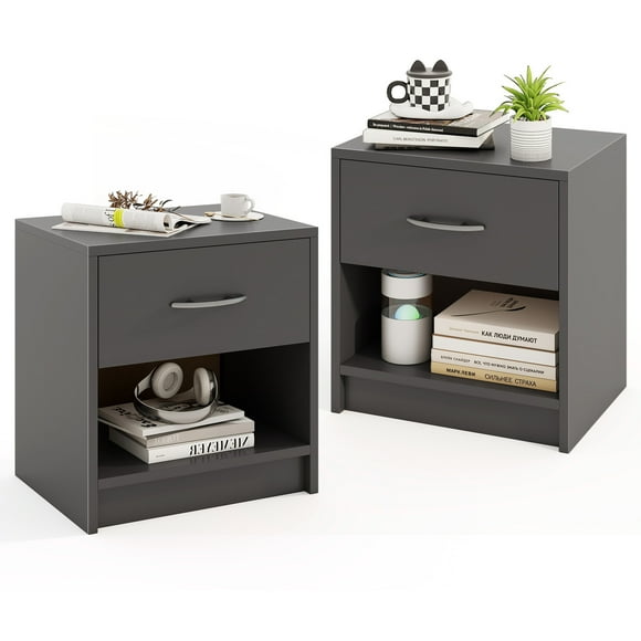 Gymax 2 PCS Nightstand w/ Drawer Side Table w/ Slide-out Drawer Open Storage Shelf Gray