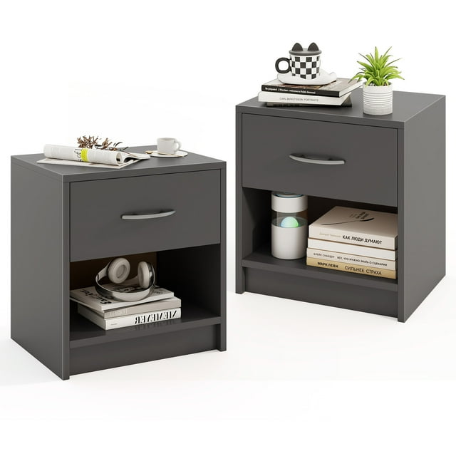 Gymax 2 PCS Nightstand w/ Drawer Side Table w/ Slide-out Drawer Open Storage Shelf Gray