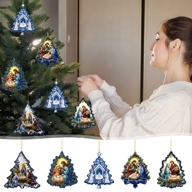 Adorno navideño para belén - Colgante transparente impreso de 8 cm para decoración del árbol, coronas y decoración navideña