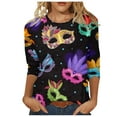 thumbnail image 2 of Jsaierl Mardi Gras Shirts for Women 3/4 Sleeve Mask Graphic Blouse Carnival Themed Tees Party 3D Print Tops Funny Gifts Parade Tshirt, 2 of 5