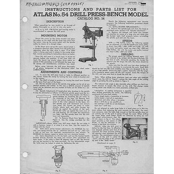 1948 Atlas Model 54 Drill Press Instructions and Parts List Instructions REPRINT