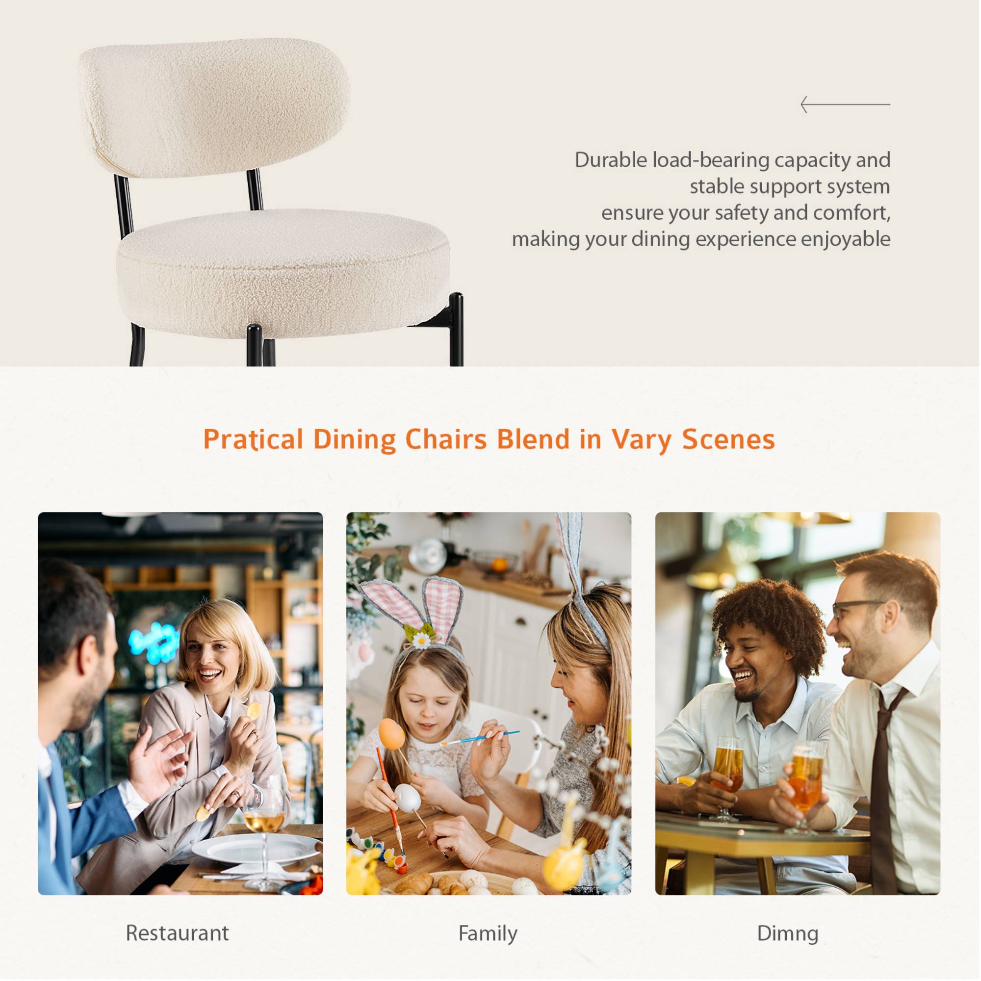 TrumanPick Boucle Dining Chairs Set of 2 Modern Upholstered Kitchen Chairs Dining Room Round&nbsp;Seat for Kitchen Island, Beige