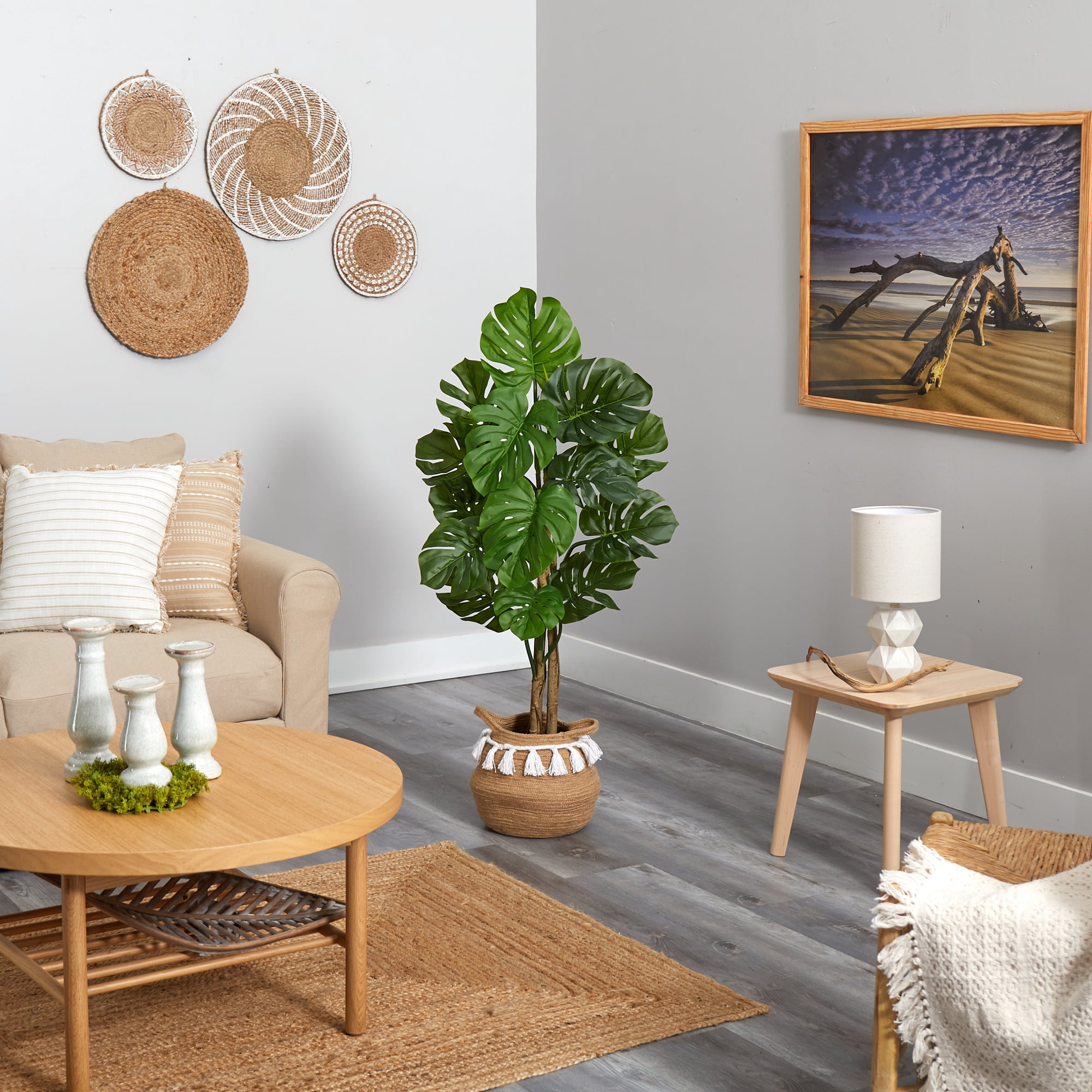 Nearly Natural 4' UV Resistant Monstera Artificial Tree in Woven Planter with Tassels