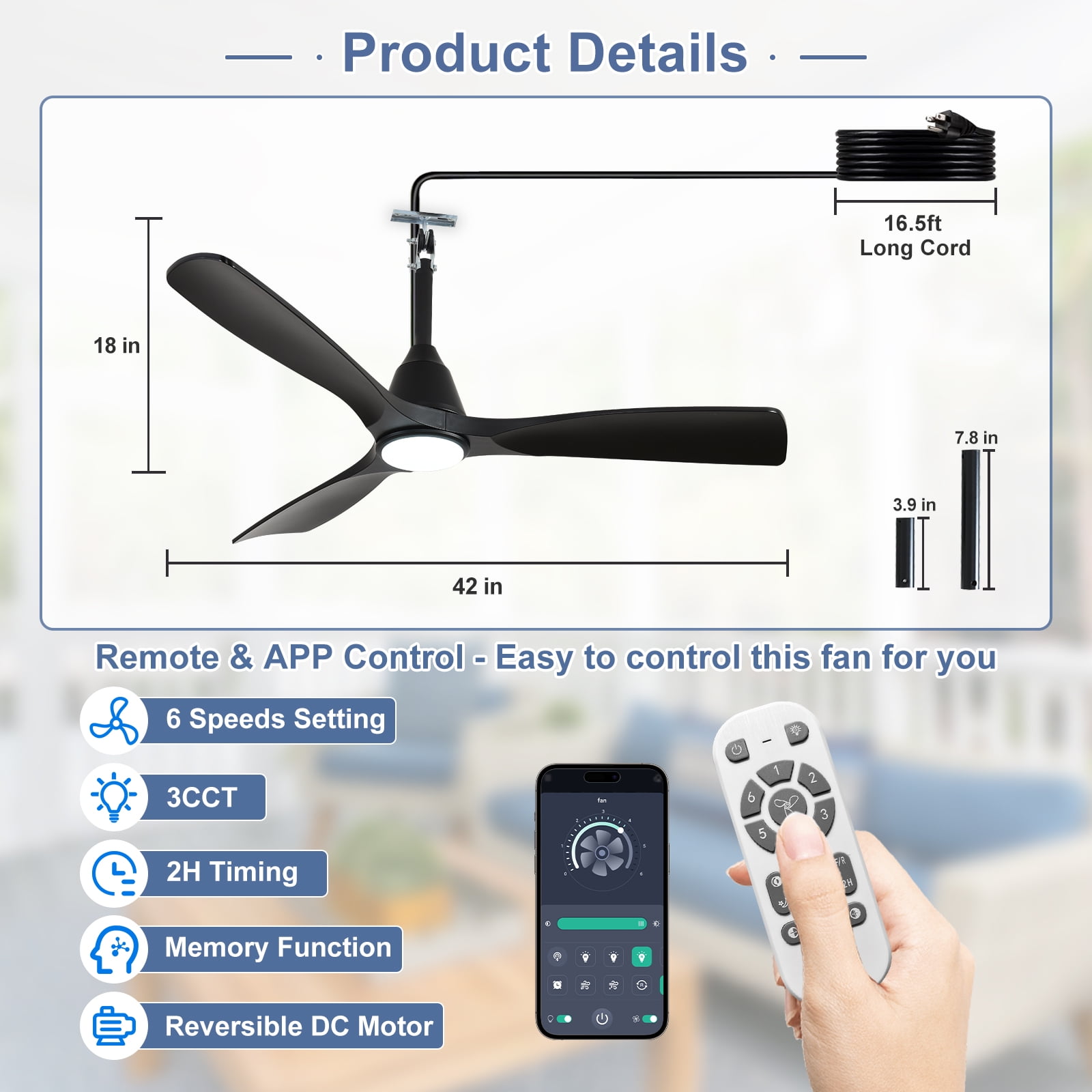 Depuley 42-Inch Waterproof Ceiling Fan with Light - Plug-in Hanging Fan Remote & App Control, 3CCT LED for Gazebo & Patio, Black Blades