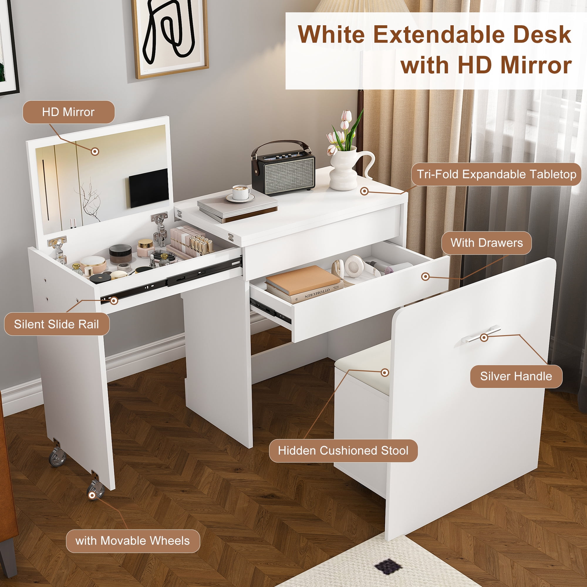 Mintazer 3‑in‑1 Expandable Folding Desk with Flip‑Top HD Mirror & Storage, Multi‑Mode Vanity Table with Hidden Storage Stool & Lockable Wheels for Small Space, White