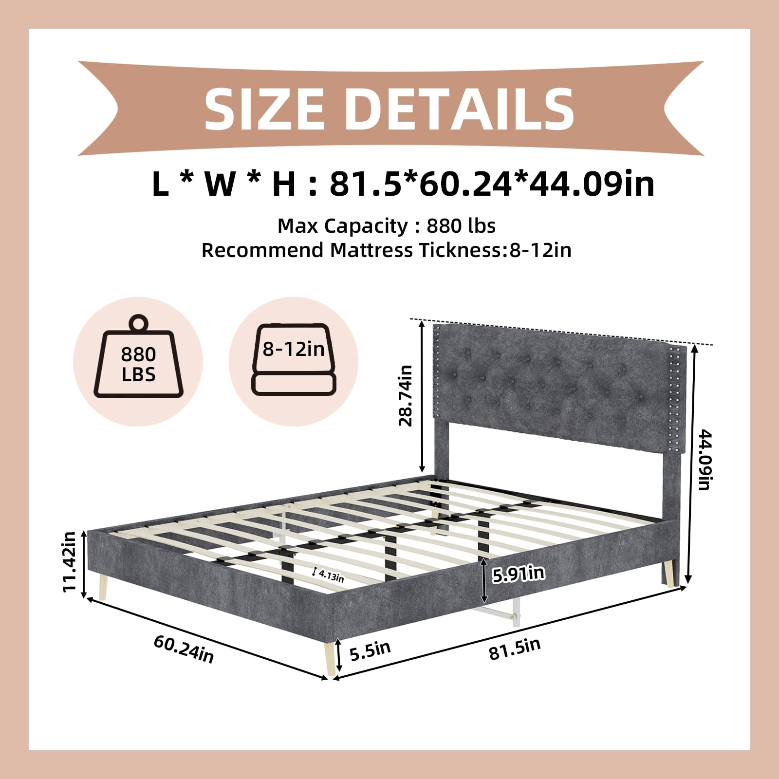 Alvantor Queen Size Upholstered Bed Frame with Padded Headboard, Holland Velvet Tufted Gray