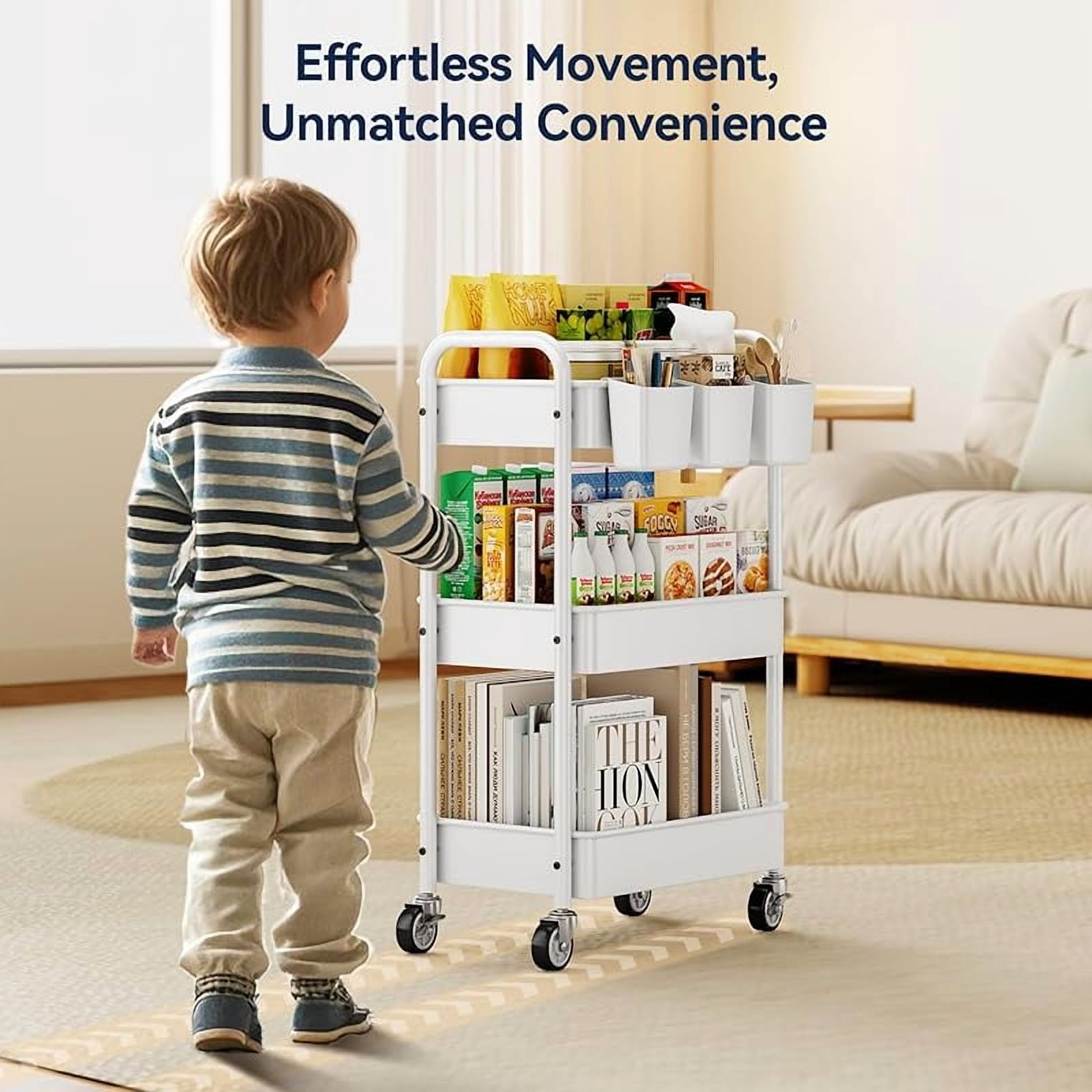 3 Tier Rolling Cart - Metal Utility Cart with Wheels, Hanging Cups, Hooks, Heavy Duty Mesh Rolling Storage Cart Organizer, Craft Cart for Kitchen Office, Lightweight and Sturdy
